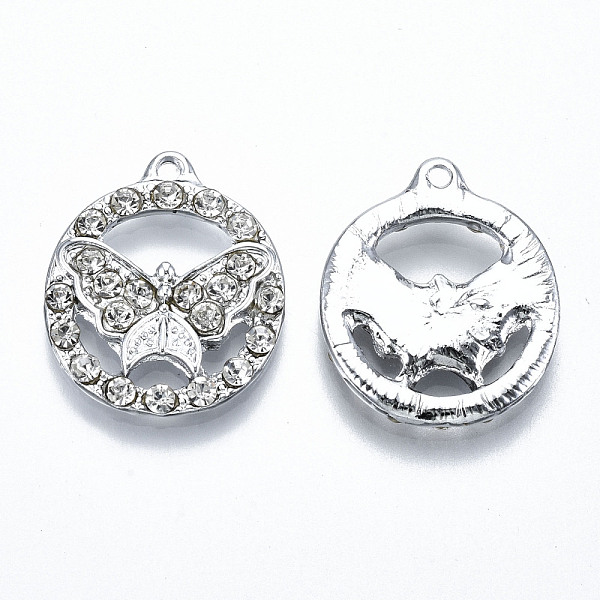 

PandaHall UV Plated Alloy Pendants, with Crystal Rhinestone, Flat Round with Butterfly, Cadmium Free & Lead Free, Platinum, 22.5x19x3mm..., Clear