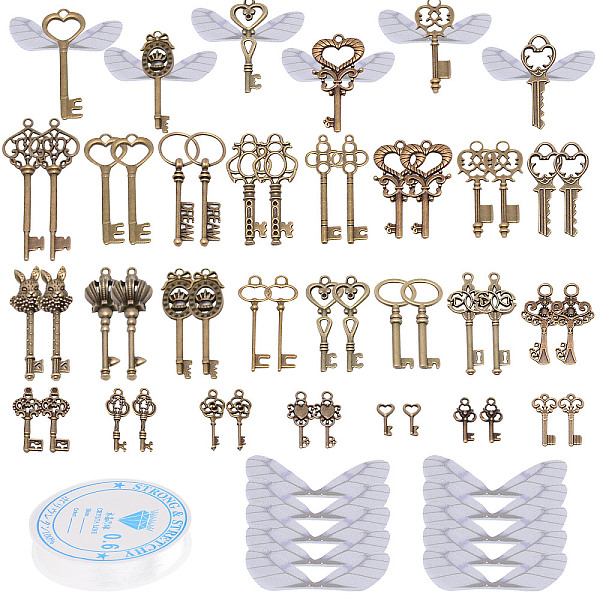 PandaHall SUNNYCLUE 96Pcs Skeleton Key Pendants Dragonfly Butterfly Wings Charms Vintage Flying Keys Pendant Kit with 11 Yards Elastic...