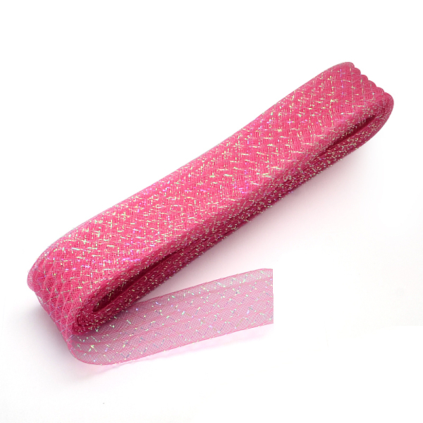 

PandaHall Mesh Ribbon, Plastic Net Thread Cord, with AB Color Metallic Cord, Camellia, 4.5cm, about 25yards/bundle Plastic Pink