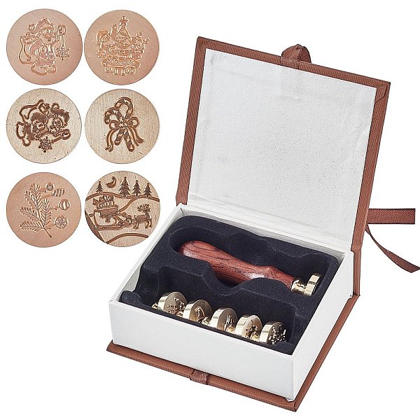 

PandaHall CRASPIRE Wax Seal Stamp Set Christmas, 6 Pieces Removable Sealing Brass Stamp Head with 1PCS Wood Handle for Envelope Postcard..., Brown