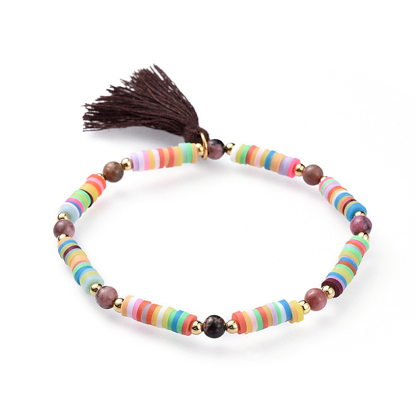 

PandaHall Polymer Clay Heishi Bead Stretch Charm Bracelets, with Natural Rhodonite Beads, Brass Beads and Cotton Thread Tassels, Brown, 2...