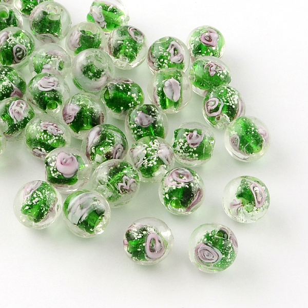 

PandaHall Handmade Luminous Inner Flower Lampwork Beads, Round, Green, 9~10mm, Hole: 1~2mm Lampwork Round Green