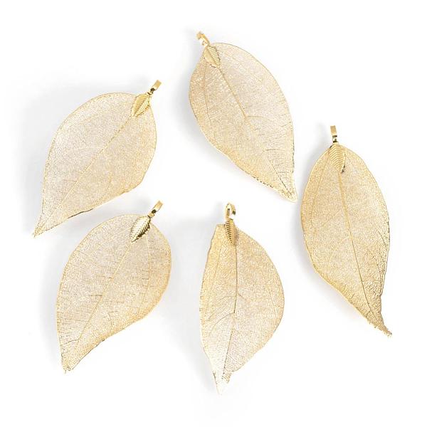 

PandaHall Electroplated Natural Leaf Big Pendants, with Iron Findings, Light Gold Plated, 70~100x30~50x1mm, Hole: 3x6mm Iron Leaf