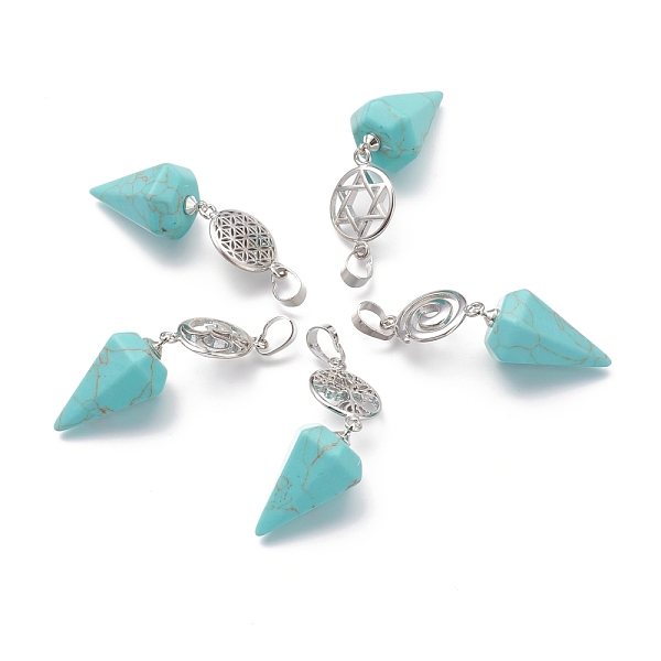 

PandaHall Synthetic Turquoise Pendants, with Platinum Brass Snap on Bails, Votex/Om Symbol/Tree of Life/Flower of Life/Star of David, Cone...