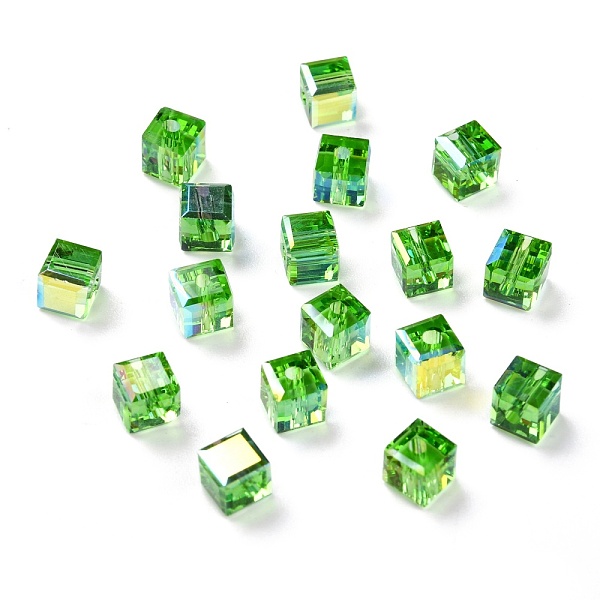 

PandaHall Electroplate Transparent Glass Beads, Faceted Cube, Rainbow Plated, Lime Green, 6x6x6mm, Hole: 1.8mm Glass Square