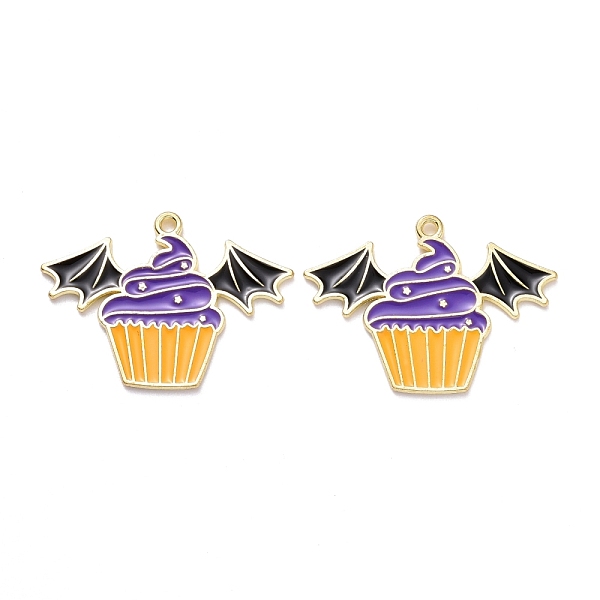 PandaHall Halloween Alloy Enamel Pendant, Bat with Cake, Light Gold, 22x30x1mm, Hole: 1.5mm Alloy+Enamel Bat