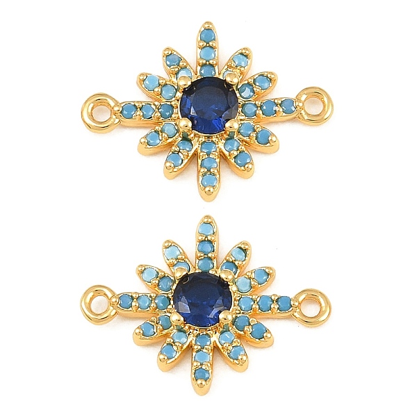 Breloques connecteurs en laiton serties de micro-pavés de zircone cubique bleue et de turquoise synthétique
