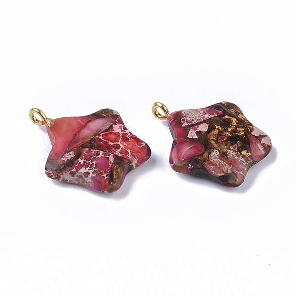 

PandaHall Assembled Synthetic Imperial Jasper and Bronzite Pendants, with Golden Tone Iron Loop, Dyed, Star, Hot Pink, 23~24x21x5mm, Hole...