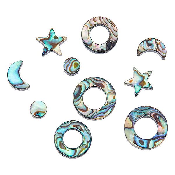 

PandaHall DICOSMETIC 12Pcs 6 Styles Natural Abalone Shell/Paua Shell Beads, Star & Moon & Flat Round & Ring, Mixed Shapes...