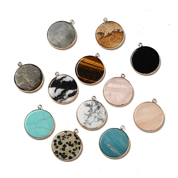 

PandaHall Natural & Synthetic Mixed Gemstone Pendants, Flat Round Charms, with Golden Plated Brass Frame, Mixed Dyed and Undyed...