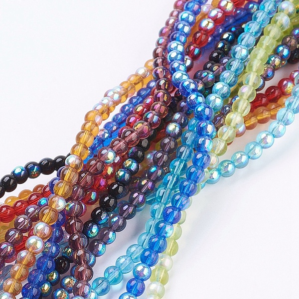

PandaHall Glass Beads Strands, Round, Mixed Color with AB Color Plated, Beads: about 4mm in diameter, hole: 1mm, about 13 inch/strand, about..., Multicolor