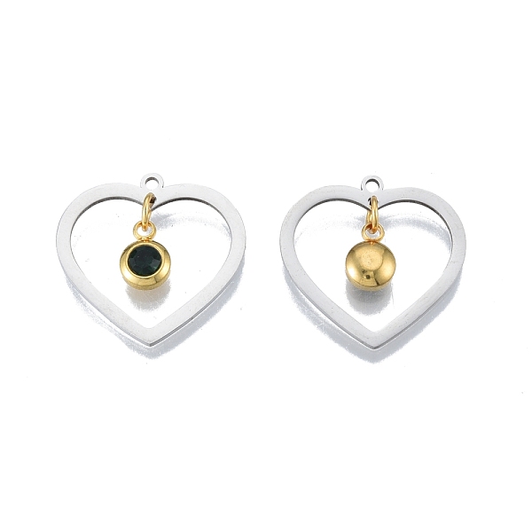 

PandaHall 201 Stainless Steel Pendants, with Rhinestone, Heart with Flat Round, Real Gold Plated & Stainless Steel Color, Emerald, 23x24x1mm..., Green