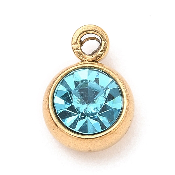

PandaHall 304 Stainless Steel Charms, with Acrylic Rhinestone, Birthstone Charms, Faceted, Flat Round, Golden, Aquamarine, 8.2x6x3.5mm, Hole..., Cyan