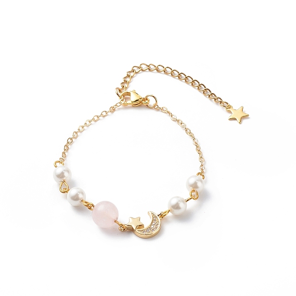 

PandaHall Clear Cubic Zirconia Moon and Star Link Bracelet with Brass Chains, Natural Rose Quartz & Shell Pearl Beaded Bracelet for Women...