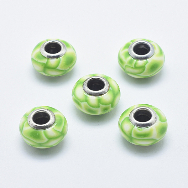 

PandaHall Handmade Polymer Clay European Beads, with Silver Color Plated Brass Cores, Large Hole Beads, Rondelle, Lawn Green, 13~16x8~11mm...