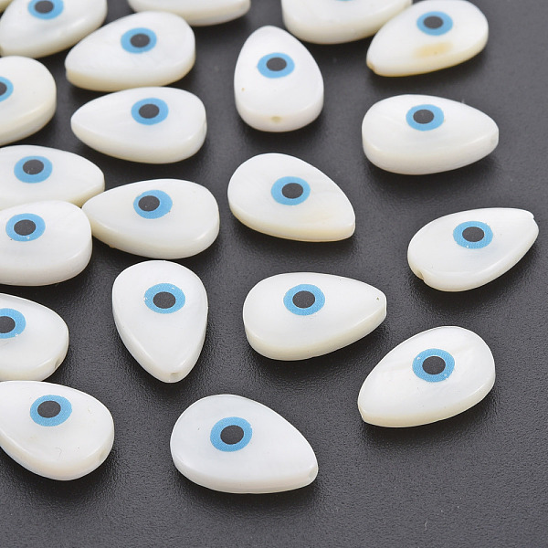 

PandaHall Natural Freshwater Shell Beads, Teardrop with Evil Eye, Creamy White, 14x9.5x3.5~6mm, Hole: 1mm Freshwater Shell Teardrop