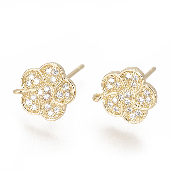 

PandaHall Brass Stud Earring Findings, with Cubic Zirconia and Loop, Flower, Clear, Golden, 11x9.5mm, Hole: 1mm, Pin: 0.8mm Brass+Cubic...