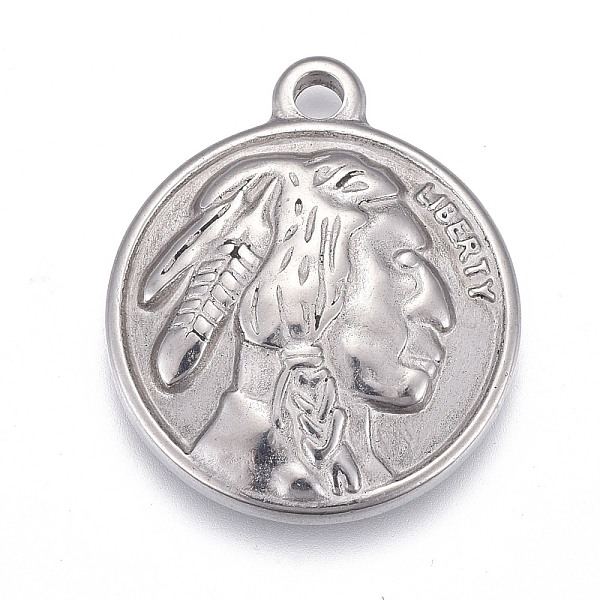 

PandaHall 304 Stainless Steel Pendants, Flat Round with Indian, Word Liberty, Stainless Steel Color, 21x18x3mm, Hole: 2mm 304 Stainless...