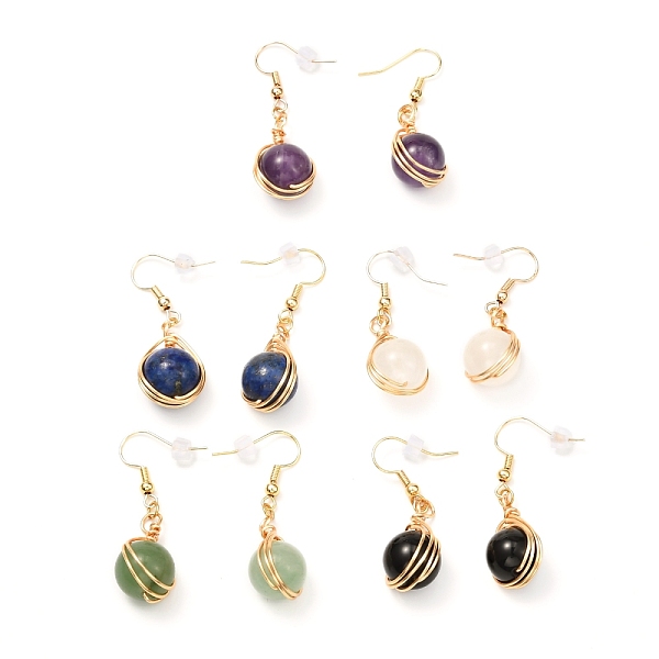 

PandaHall Wire Wrap Round Mixed Stone Beads Dangle Earrings, Brass Jewelry for Girl Women, Golden, 41mm, Pin: 0.6mm Mixed Stone