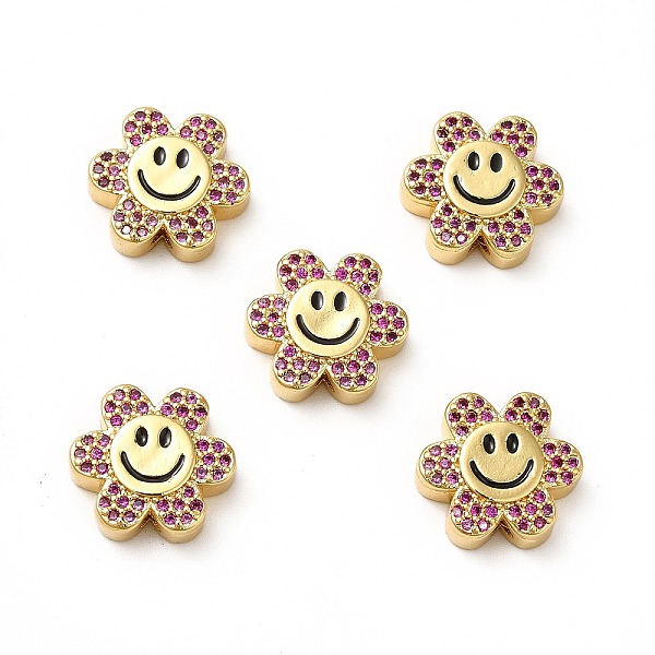 

PandaHall Rack Plating Brass Cubic Zirconia Beads, with Enamel, Real 18K Gold Plated, Long-Lasting Plated, Cadmium Free & Lead Free, Flower..., Pink