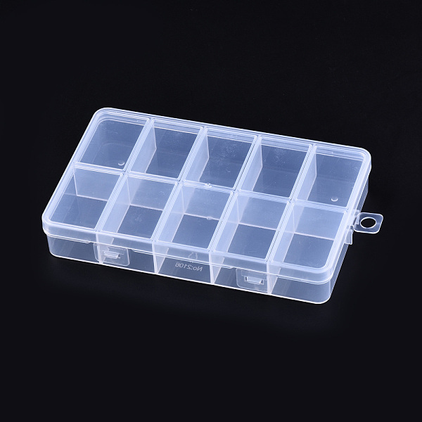 PandaHall Polypropylene(PP) Bead Storage Containers, 10 Compartments Organizer Boxes, with Hinged Lid, Rectangle, Clear, 16.1x10x2.6cm, Hole...