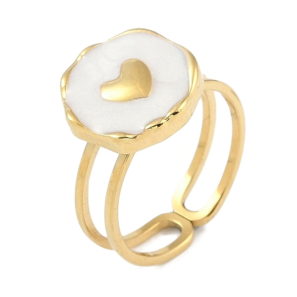

PandaHall Ion Plating(IP) 304 Stainless Steel Enamel Flat Round with Heart Cuff Finger Rings, Open Rings for Women, Real 18K Gold Plated..., White