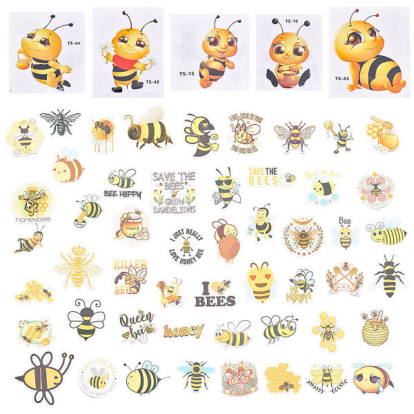 PandaHall PVC Self Adhesive Stickers, for Kids Waterproof Bee Sticker Laptop Stickers Pack, Bees Pattern, 2.3~7.6x3.7~8.5x0.02cm, 50pcs/bag...