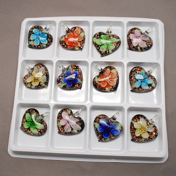 

PandaHall Handmade Gold Sand Lampwork Pendants, Heart, Mixed Color, 42x31x16mm, Hole: 8mm, 12pcs/box Lampwork Heart Multicolor