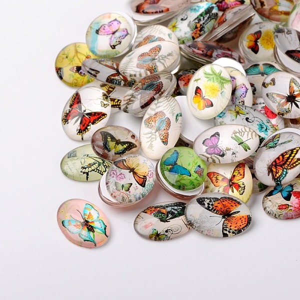 

PandaHall Butterfly Printed Glass Oval Cabochons, Mixed Color, 30x22x6mm Glass Oval Multicolor