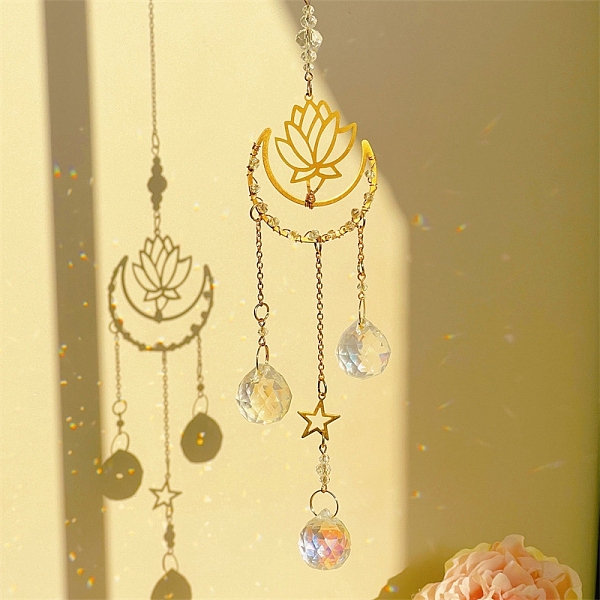 

PandaHall Metal Lotus Moon Window Hanging Suncatchers, with Glass Charm, for Home Pendant Decorations, Golden, 430mm Glass Flower