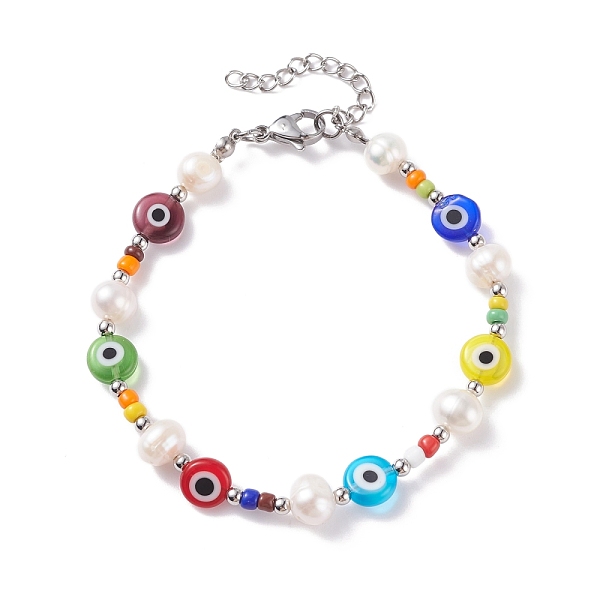 

PandaHall Natural Pearl & Evil Eye Protection Beaded Bracelet for Women, Colorful, 7-1/2 inch(19cm) Lampwork Evil Eye