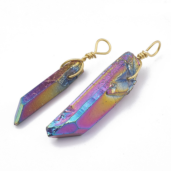 

PandaHall Rainbow Plated Natural Quartz Crystal Pendants, with Golden Tone Brass Findings, 30~45x7~14x5~11mm, Hole: 3~5mm Quartz Crystal...