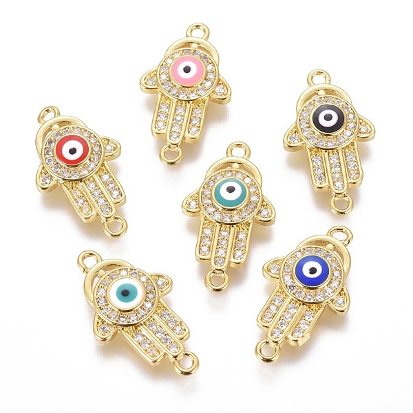 

PandaHall Brass Micro Pave Cubic Zirconia Links, with Enamel, Hamsa Hand/Hand of Fatima/Hand of Miriam, Golden, Mixed Color, 22x12.5x3mm..., Multicolor