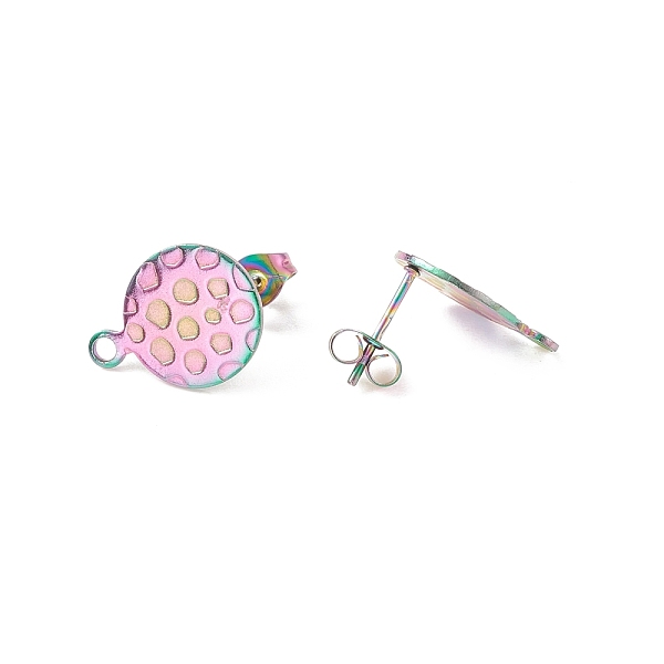 

PandaHall Ion Plating(IP) 304 Stainless Steel Stud Earring Findings, with Loop, Ear Nuts, Textured Flat Round, Rainbow Color, 15.5x12x1mm...