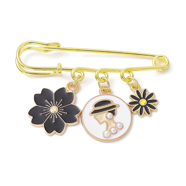 

PandaHall Alloy Kilt Pins, Flower & Woman's Portrait Enamel Charm Brooch, Black, 34.5x49.5x5mm Alloy+Enamel Flower Black