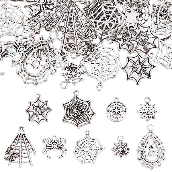 

PandaHall SUNNYCLUE 54Pcs 9 Styles Halloween Jewelry Tibetan Style Alloy Pendants, Spider & Spider Web, Antique Silver...