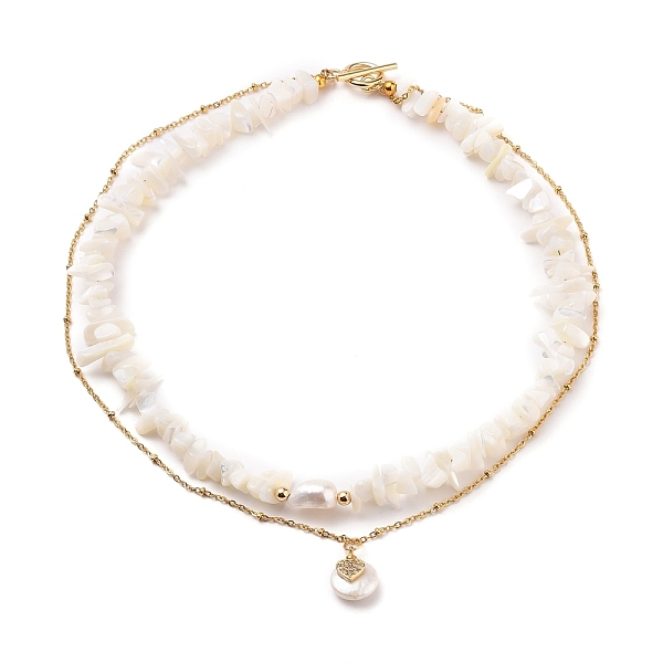 

PandaHall Chip Natural Shell Double Layer Necklaces, with 304 Stainless Steel Toggle Clasps, Brass Beads, Cubic Zirconia and Flat Round with...