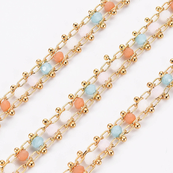 

PandaHall Handmade Glass Beaded Chains, with Brass Findings, Soldered, with Spool, Real 18K Gold Plated, Colorful, 7mm, Link: 3x2.5x0.3mm...