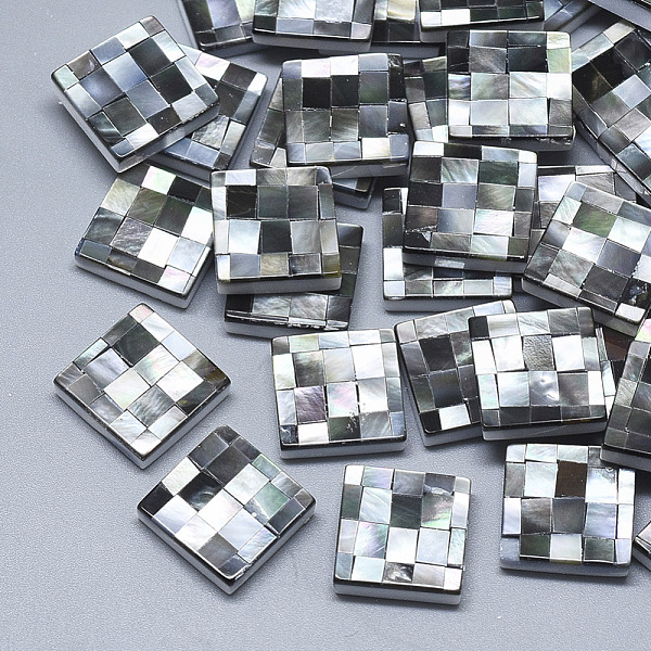 

PandaHall Black Lip Shell Cabochons, with Resin Bottom, Square with Mosaic Pattern, Black, 14~15x14~15x4mm Black Lip Shell Square Black