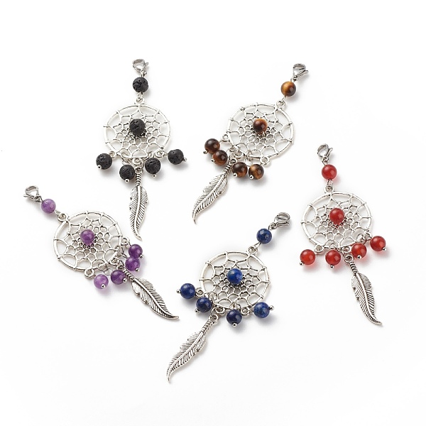 

PandaHall Natural Gemstone Pendant Decorations, Woven Web/Net with Feather Hanging Ornaments, Lobster Clasp Charms, 87mm Mixed Stone Others
