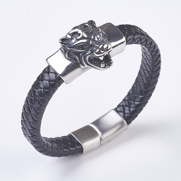 

PandaHall Men's Braided Leather Cord Bracelets, with 304 Stainless Steel Findings and Matte Magnetic Clasps, Tiger Head, Black, 8-1/4...