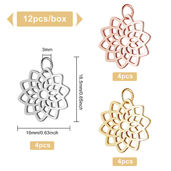 

PandaHall BENECREAT 12Pcs 3 Colors 304 Stainless Steel Pendants, Flower, Mixed Color, 16.5x16x1mm, Hole: 3mm, 4pcs/color 304 Stainless Steel...