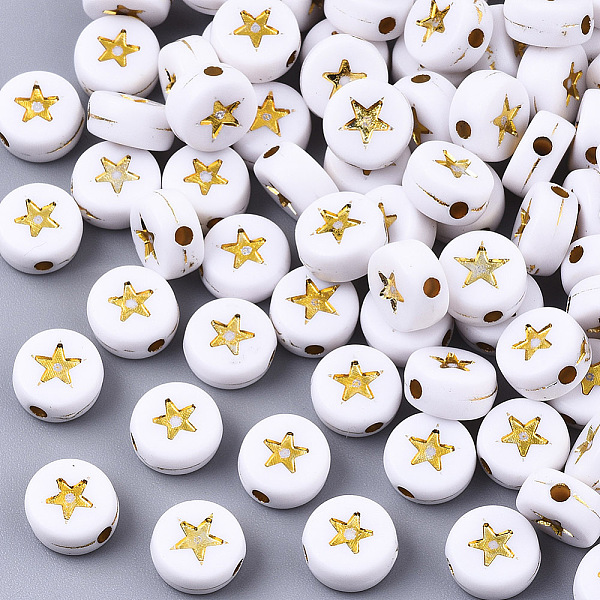 

PandaHall Opaque Acrylic Beads, Flat Round with Star, White, Golden Plated, 7x4mm, Hole: 1.5mm, about 3600pcs/500g Acrylic Flat Round White
