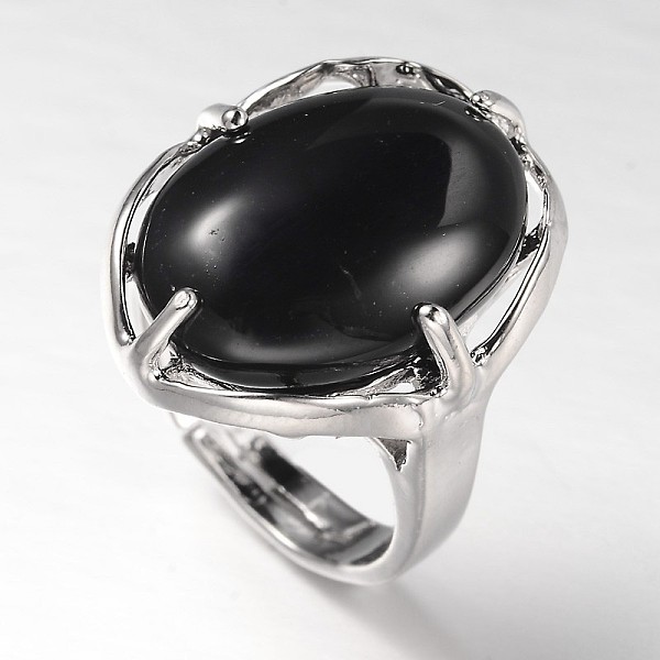 

PandaHall Adjustable Oval Gemstone Wide Band Rings, with Platinum Tone Brass Findings, US Size 7 1/4(17.5mm) Black Agate