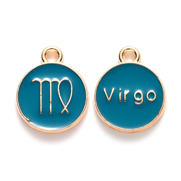 

PandaHall Alloy Enamel Pendants, Cadmium Free & Lead Free, Flat Round with Constellation, Light Gold, Dark Cyan, Virgo, 15x12x2mm, Hole...