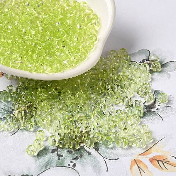 

PandaHall Transparent Colours Glass Seed Beads, Rondelle, Green Yellow, 6/0, 4x3mm, Hole: 1.4mm, about 5700pcs/pound Glass Rondelle