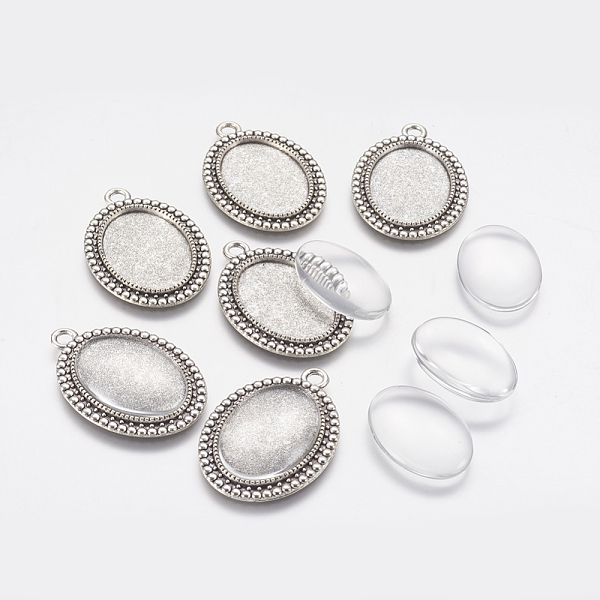 

PandaHall DIY Pendant Making, with Tibetan Style Alloy Pendant Cabochon Settings and Glass Cabochons, Oval, Antique Silver, 37x26x2mm, Hole..., Clear