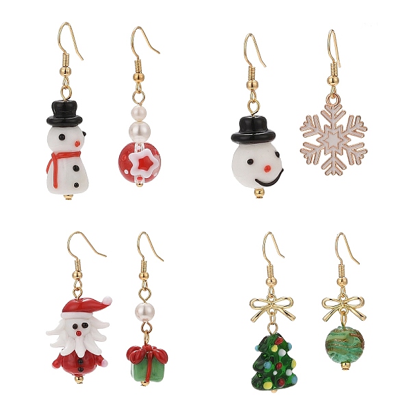 

PandaHall 4 Sets 4 Styles Lampwork & Alloy Enamel Dangle Earrings Set, Snowflake & Gift & Christmas Tree & Santa Claus Brass Earrings for..., Multicolor