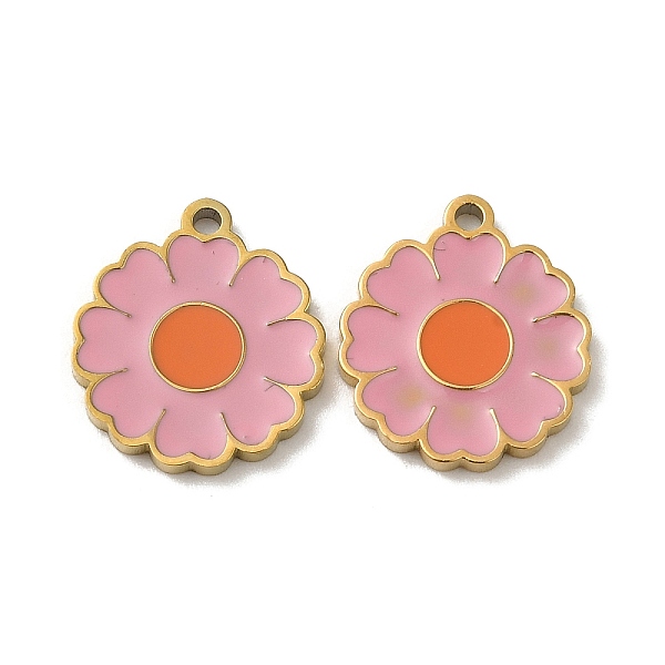 

PandaHall Ion Plating(IP) 316L Surgical Stainless Steel Pendants, with Enamel, Real 18K Gold Plated, Flower Charm, Pink, 14x12x1.5mm, Hole...
