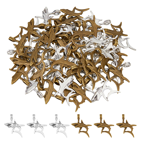 

PandaHall DICOSMETIC 60Pcs 2 Colors Tibetan Style Alloy Pendants, Shark, Antique Bronze & Antique Silver, 36x32x7.5mm, Hole: 5mm...